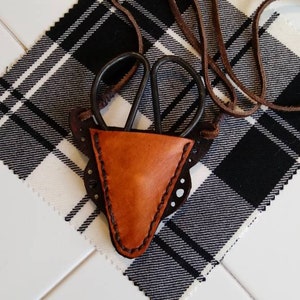 Handcrafted Leather neck sheath with scissors; perfect for the stitcher or re-enactor