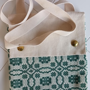 May include: A tote bag with a cream-colored canvas top and straps, and a green and white patterned bottom. The bag has two gold-colored button closures. The bag is designed for carrying items.