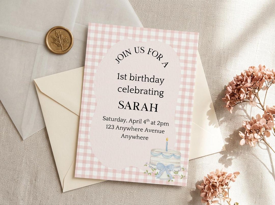 Editable Pink Gingham Birthday Invitation - Etsy
