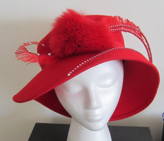 Red Wool Felt Rhinestone Feather,boa Fur Hat,kentucky Derby  display picture 2