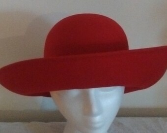 May include: A wide-brimmed red felt hat with a rounded crown.