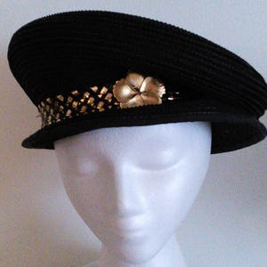 Black Straw hat,black & Gold swiss braid band,Flower brooch,Church hat,wedding hat,Party hat