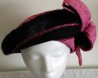 Pink Embroidered bow hat,Fur hat,wool/felt hat,Church hat,Wedding hat,Winter hat,Easter hat