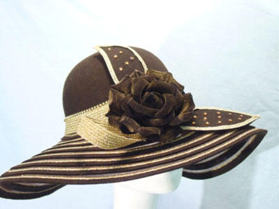 Brown & Gold Wool Felt Wide Brim Fedora Hat,kentucky Derby  display picture 3