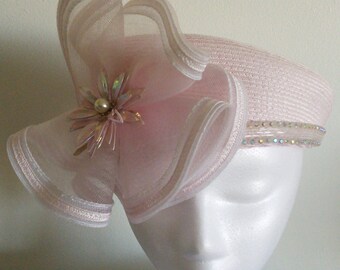 Women's light pink, mesh flower with shiny pink flower Pim,rhinestone trim. Kentucky Derby,wedding,Church hat