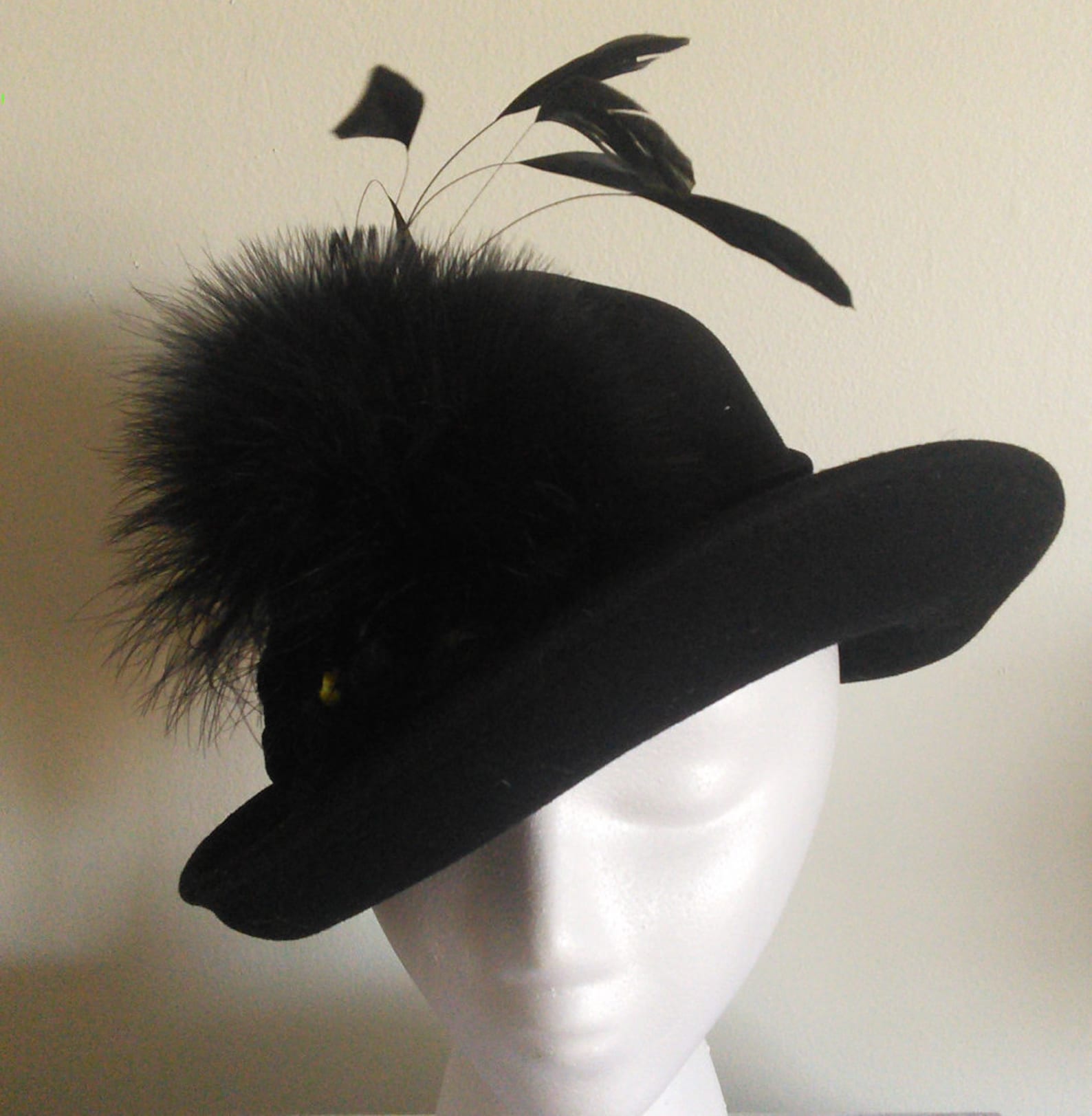 Women's Wool Felt Black Boa Fur Hat Etsy