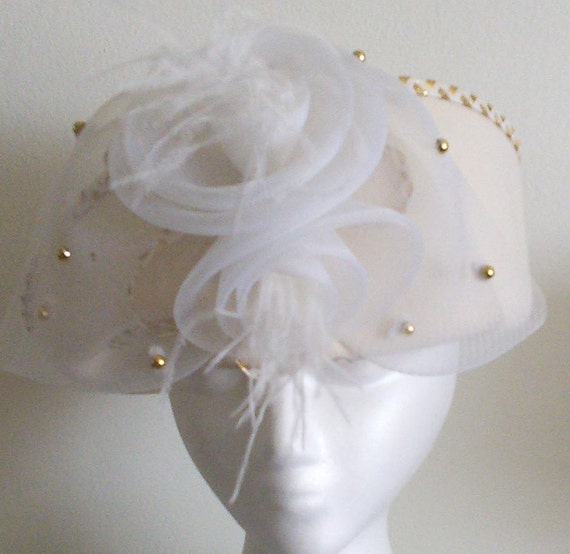 Off White Wool Hat,white & Gold Braid Trim,wedding Hat  display picture 3