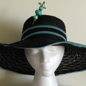 Black/Turquoise Wide brim Sun Hat,Turquoise Pin,Beach Hat,Church hat,Wedding hat,Kentucky Derby hat,Tea party hat