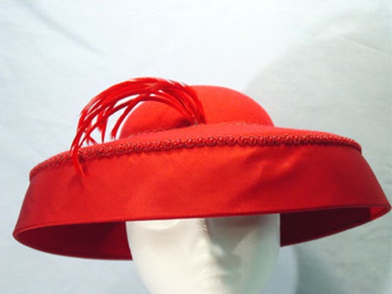 Vintage Red Satin Hat Flower Beads & Feathers,wedding Hat 