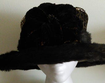 Brown wool felt wide brim hat,animal print fur,velvet flower,fedora hat,Kentucky Derby hat,Tea party hat,Church hat,Royal ascot hat
