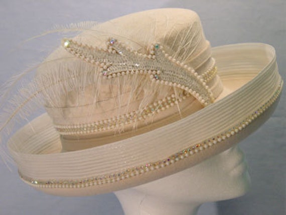 Off White Hat,beads and Rhinestone Band Hat,horsehair Trim  display picture 3