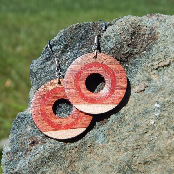 Large Maple, Mahogany, and Bubinga Wooden Earrings with Red Coral Stone Inlay and Sterling Silver Hooks