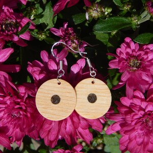White Ash small wooden earrings with a black obsidian stone inlay and .925 sterling silver hooks and loops