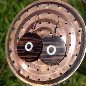 Large Wenge Wooden Earrings with a Mother of Pearl Shell Inlay and Sterling Silver Hooks