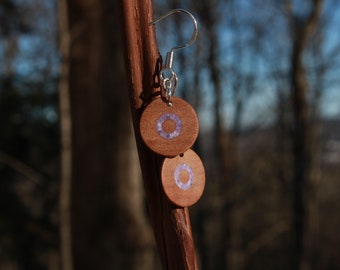 Cherry Wooden Earrings with an Amethyst Stone Inlay, and .925 Sterling Silver Hooks and Loops