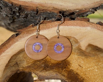 Cherry wooden Earrings with Amethyst Stone Inlay and .925 Sterling Silver Hooks and Loops