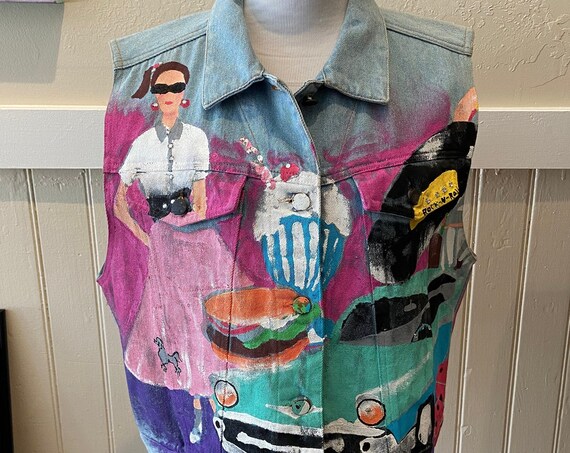 Adorable 1990s Hand-Painted 1950s Rockabilly Themed Denim Vest