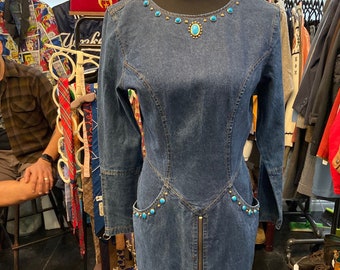 Cute 1990s Denim Dress Featuring Stone and Grommet Accents With Pockets and Front Zipper