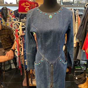 Cute 1990s Denim Dress Featuring Stone and Grommet Accents With Pockets and Front Zipper image 1