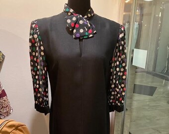 Gorgeous Rare Pauline Trigere  1970s/80s Black and Polka Dot Dress