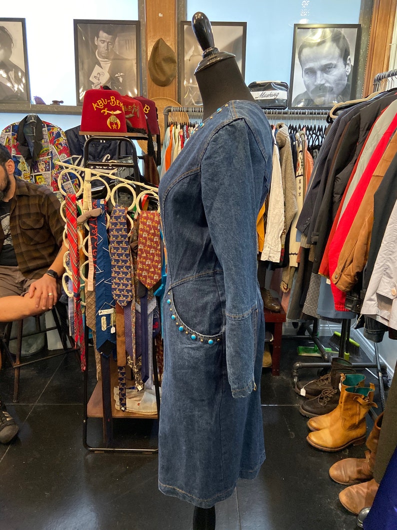 Cute 1990s Denim Dress Featuring Stone and Grommet Accents With Pockets and Front Zipper image 4