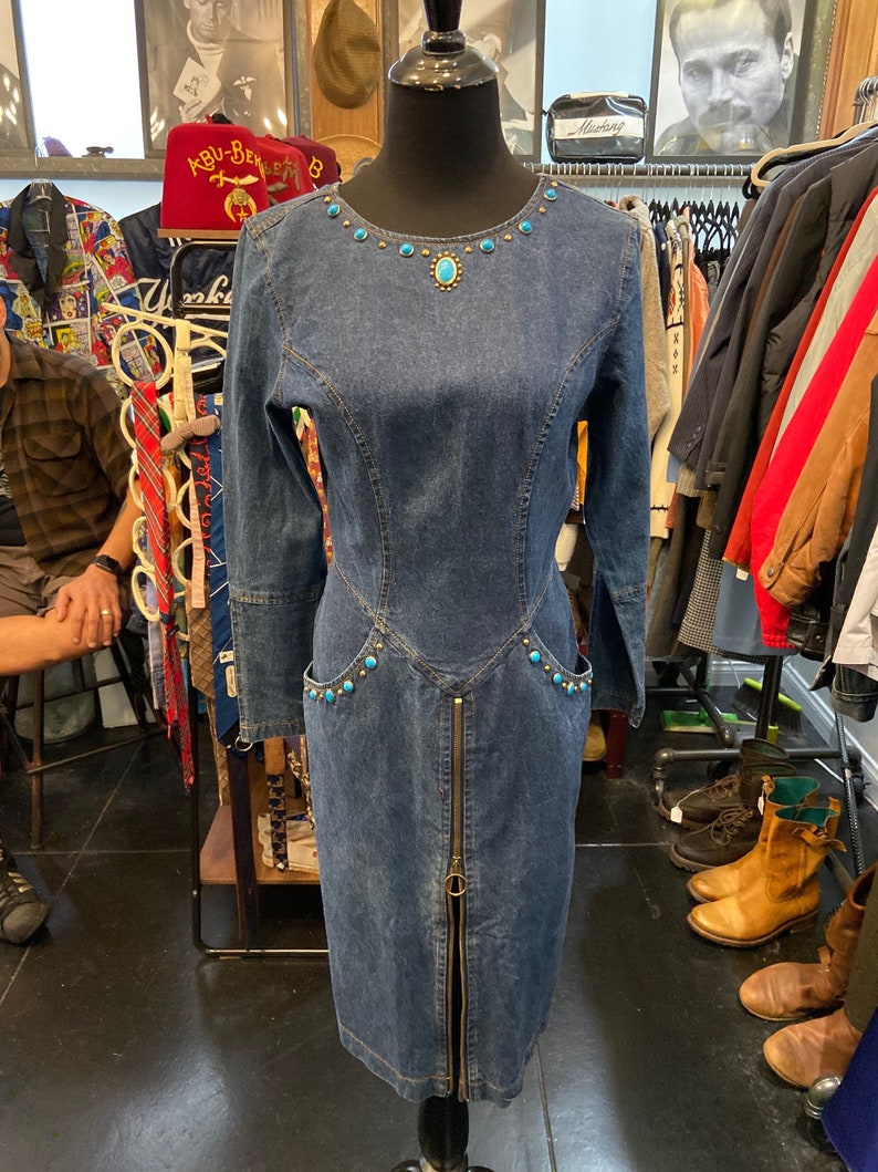 Cute 1990s Denim Dress Featuring Stone and Grommet Accents With Pockets and Front Zipper image 1