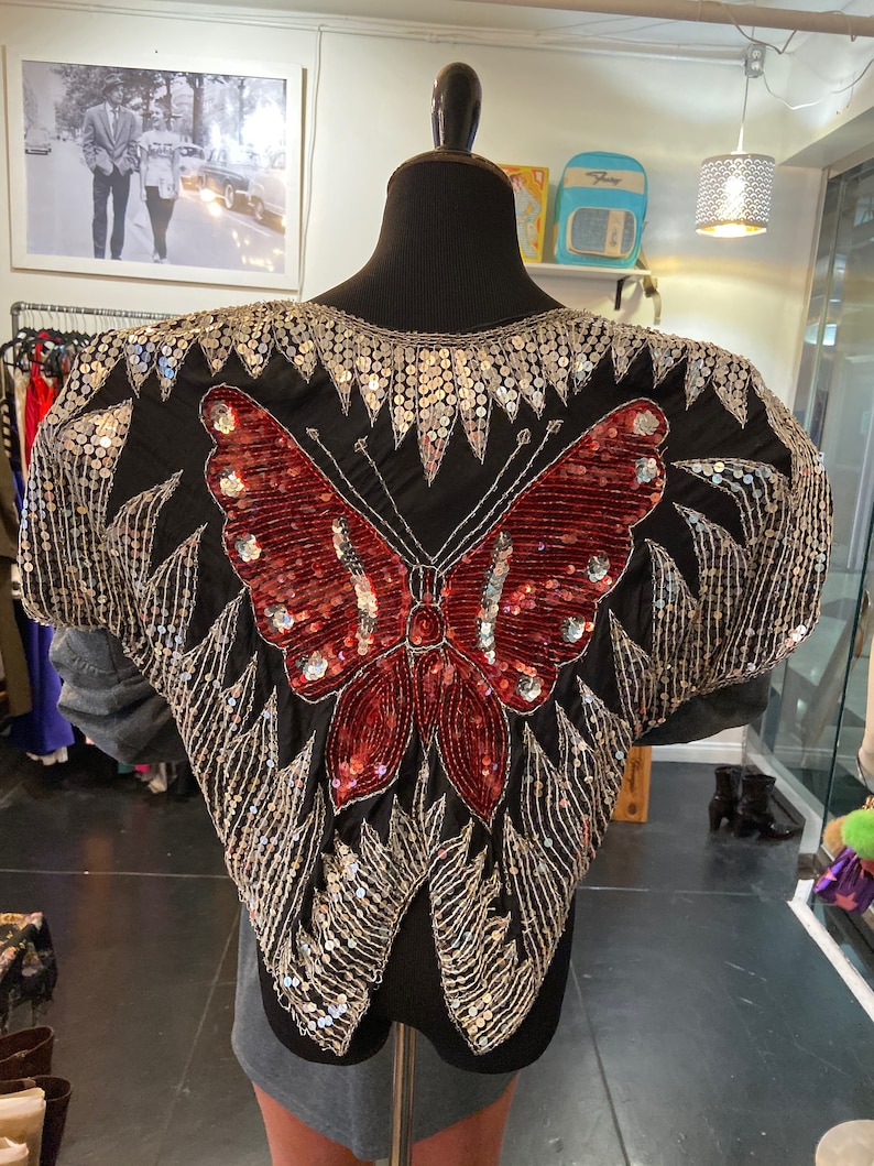 Cute Vintage 1980s Silk Sequined Butterfly Blouse