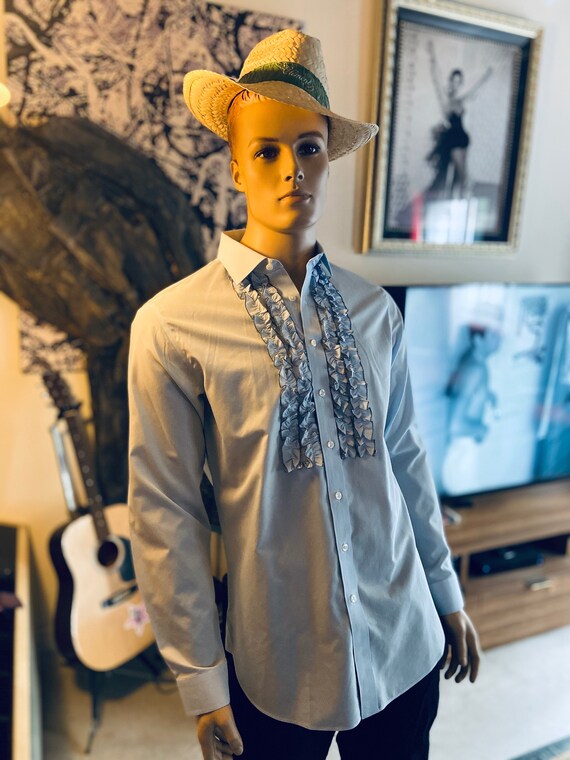 Men's Blue Ruffled Tuxedo Shirt