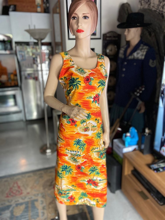 Vibrant Orange 1960s Cotton Hawaiian Dress
