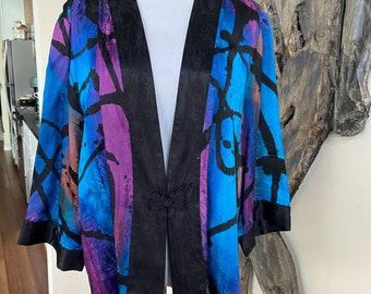 Beautiful Blue and Black Silk Kimono Jacket with Frog Closure Sz XL