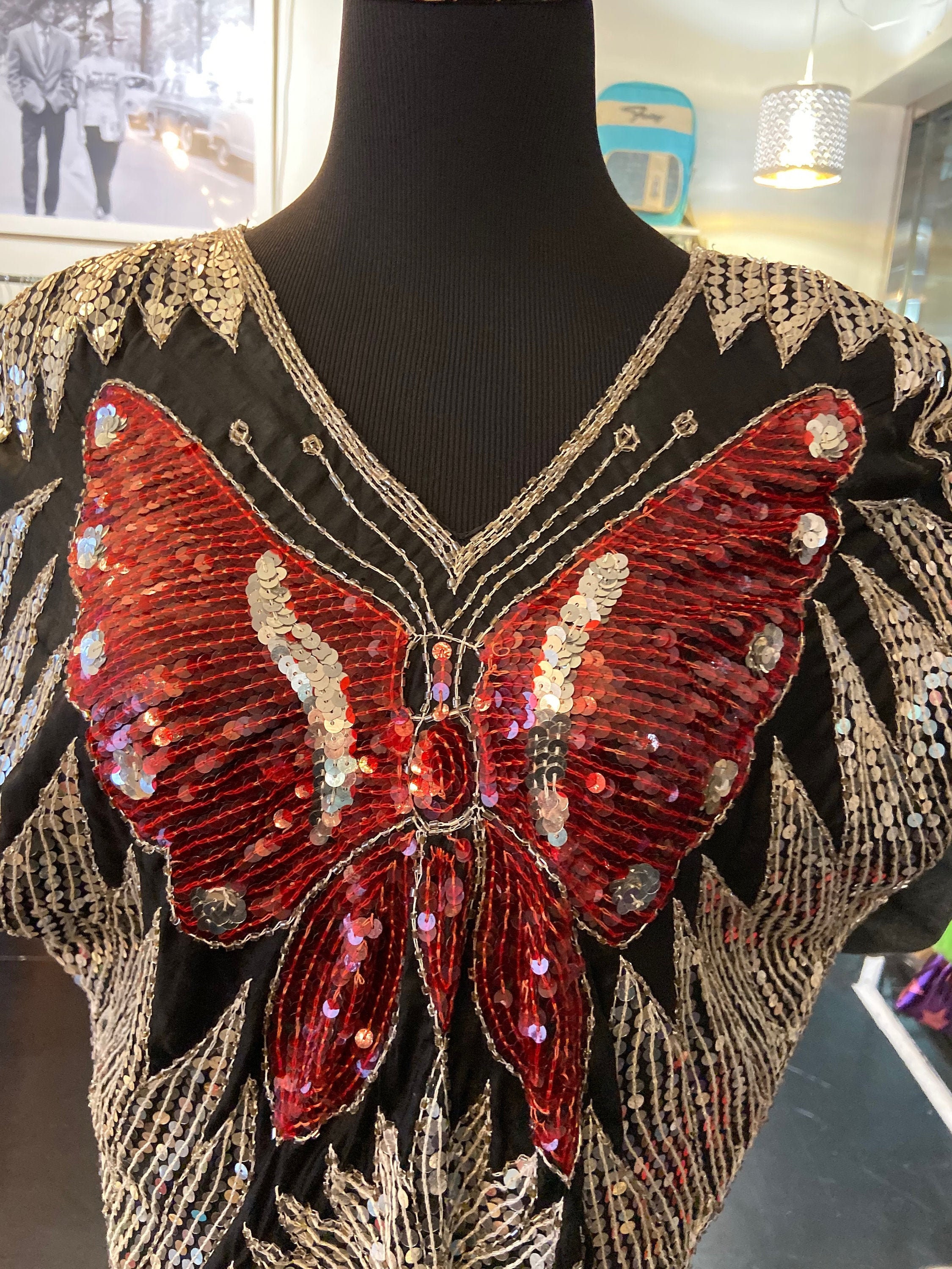 Cute Vintage 1980s Silk Sequined Butterfly Blouse