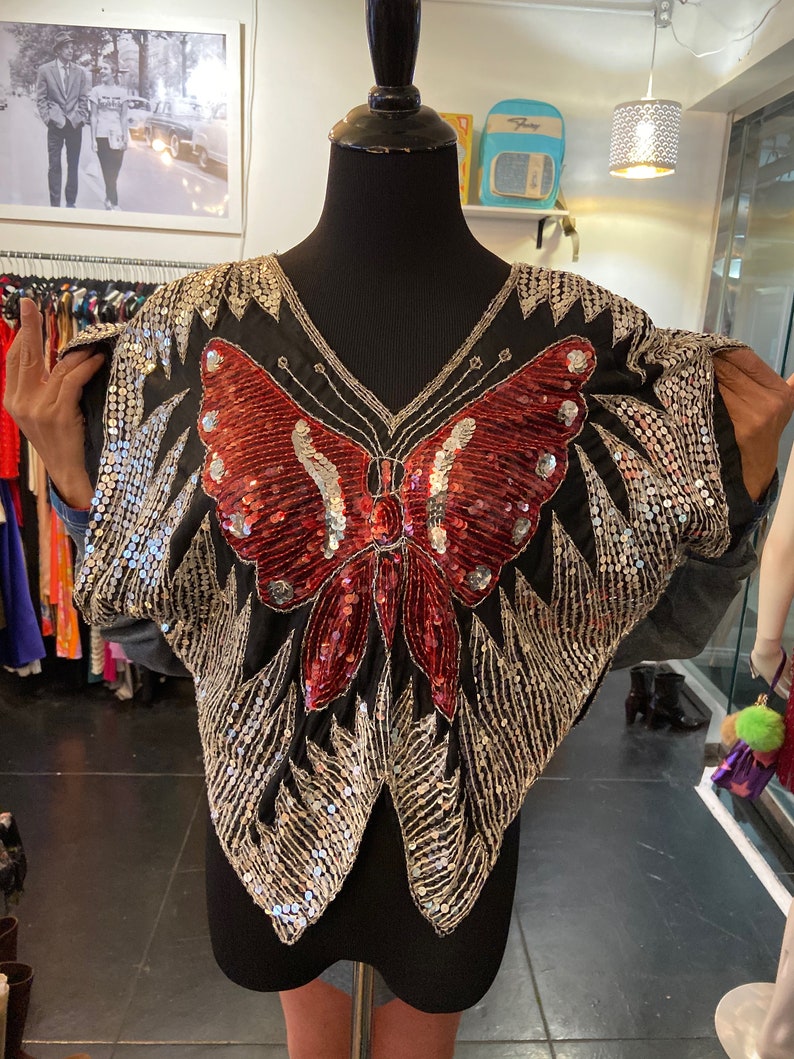 Cute Vintage 1980s Silk Sequined Butterfly Blouse
