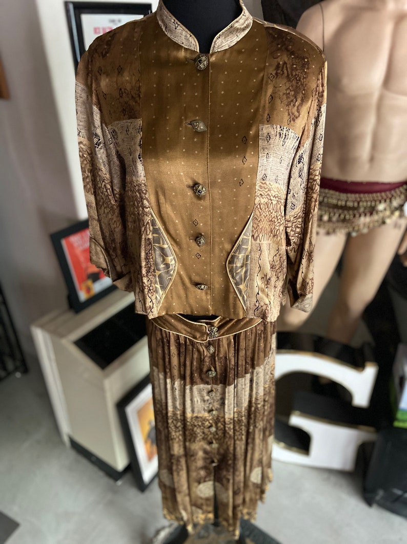 Vintage 1980s Pretty Asian-Inspired Two-Piece Satin Patchwork Set from Dorothy Schoelen