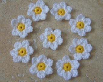 Lots de fleurs marguerite au crochet 3cm blanc coeur jaune par 3, 4, 5, 6, 8, 9, 10, 12, 15 et 20