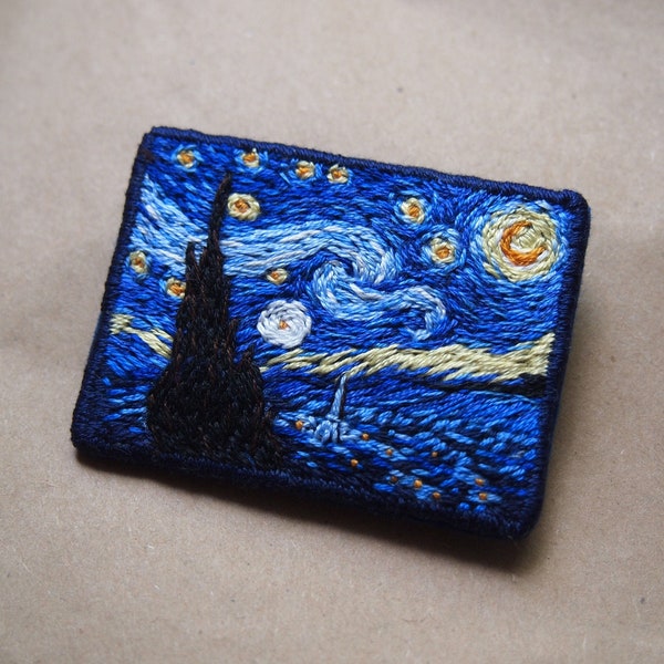 Vincent Van Gogh Starry night hand embroidery brooch, famous painting Textile art jewelry, Van Gogh embroidery art brooch, art teacher gift