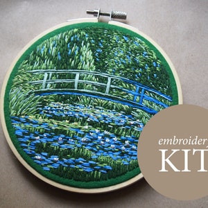 Claude Monet Japanese Footbridge hand embroidery kit, Claude Monet embroidery DIY kit, Water Lilies thread painting kit, DIY kits for adults