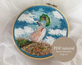 Claude Monet Woman with a Parasol hand embroidery pattern, Monet embroidery hoop art, cottagecore thread painting PDF pattern