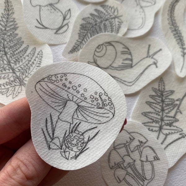 Mushroom and Fern stick and stitch embroidery designs, woodland stick n stitch embroidery pack, botanical wash away embroidery stickers