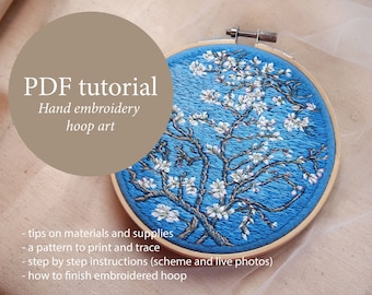 Almond Blossom hand embroidery tutorial PDF, Van Gogh embroidery pattern instant download instructions