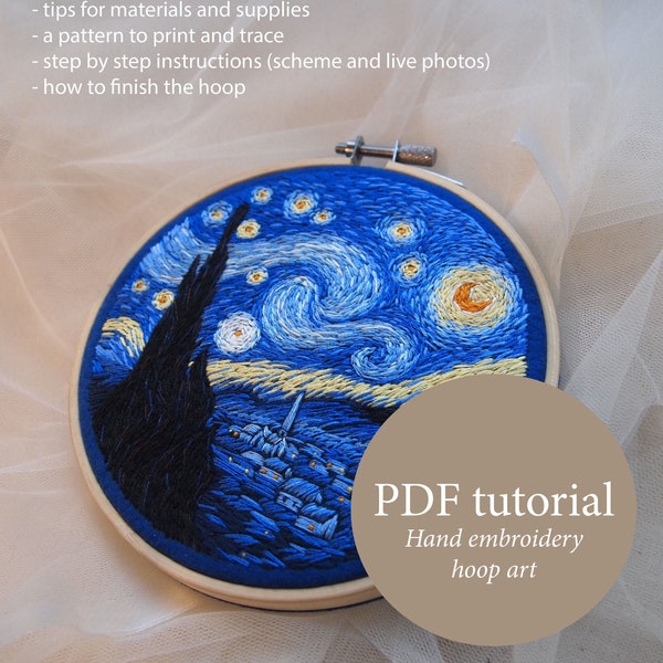 The Starry Night hand embroidery pattern, Van Gogh embroidery PDF tutorial, instant download instructions, hand embroidery design