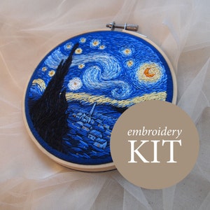 Van Gogh The Starry Night hand embroidery kit, Vincent Van Gogh embroidery art, thread painting kit, DIY kits for adults