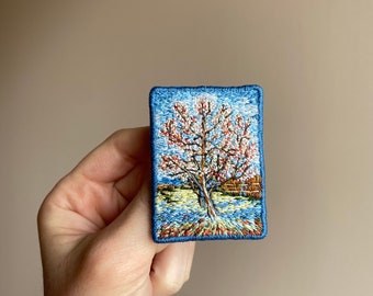 Vincent Van Gogh Peach Tree in Bloom hand embroidered brooch, famous painting Textile art jewelry, Van Gogh embroidery art brooch