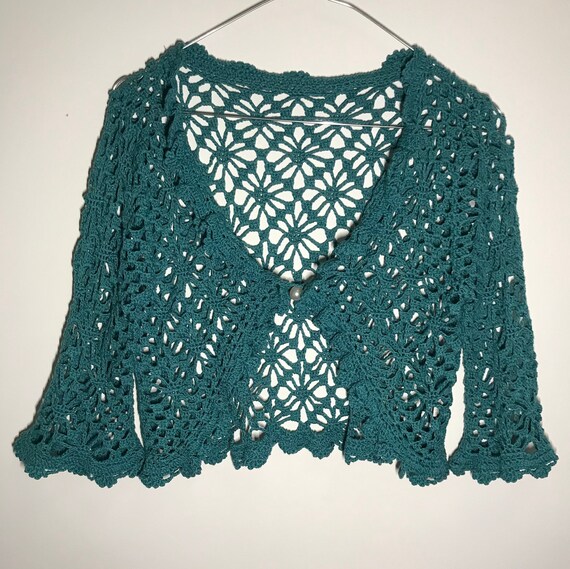 Crochet cardigan, ruffled collar, teal cardigan, 7