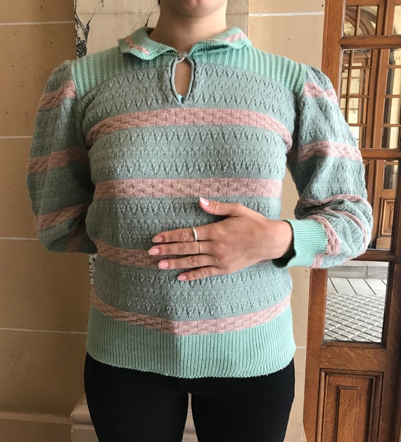 Cute pastel sweater, puff sleeves sweater, ski sw… - image 1