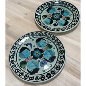 May include: Two round ceramic plates featuring a hand-painted floral design in shades of blue, black, and green on a light cream background. The rim of each plate is decorated with a continuous black spiral pattern encircling the central motif.