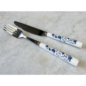 Vintage Blue White Floral Fork And Knife Set