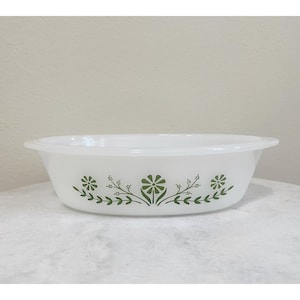 Vintage Glasbake Casserole Dish J235 1 QT Green Daisy Milk Glass Oval 10 in USA 