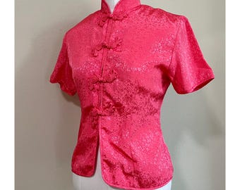 Vintage Coral Oriental Asian Style Mandarin Collar Blouse Top
