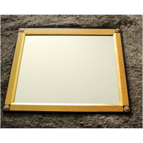 Vtg Gold Black Square Mirror 21 X 25 Hollywood Regency Framed Ornate Corner Art Deco