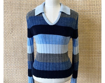 Vintage Y2K 90’s Striped Blue Collar Pullover Sweater Sz Juniors Large 11/13